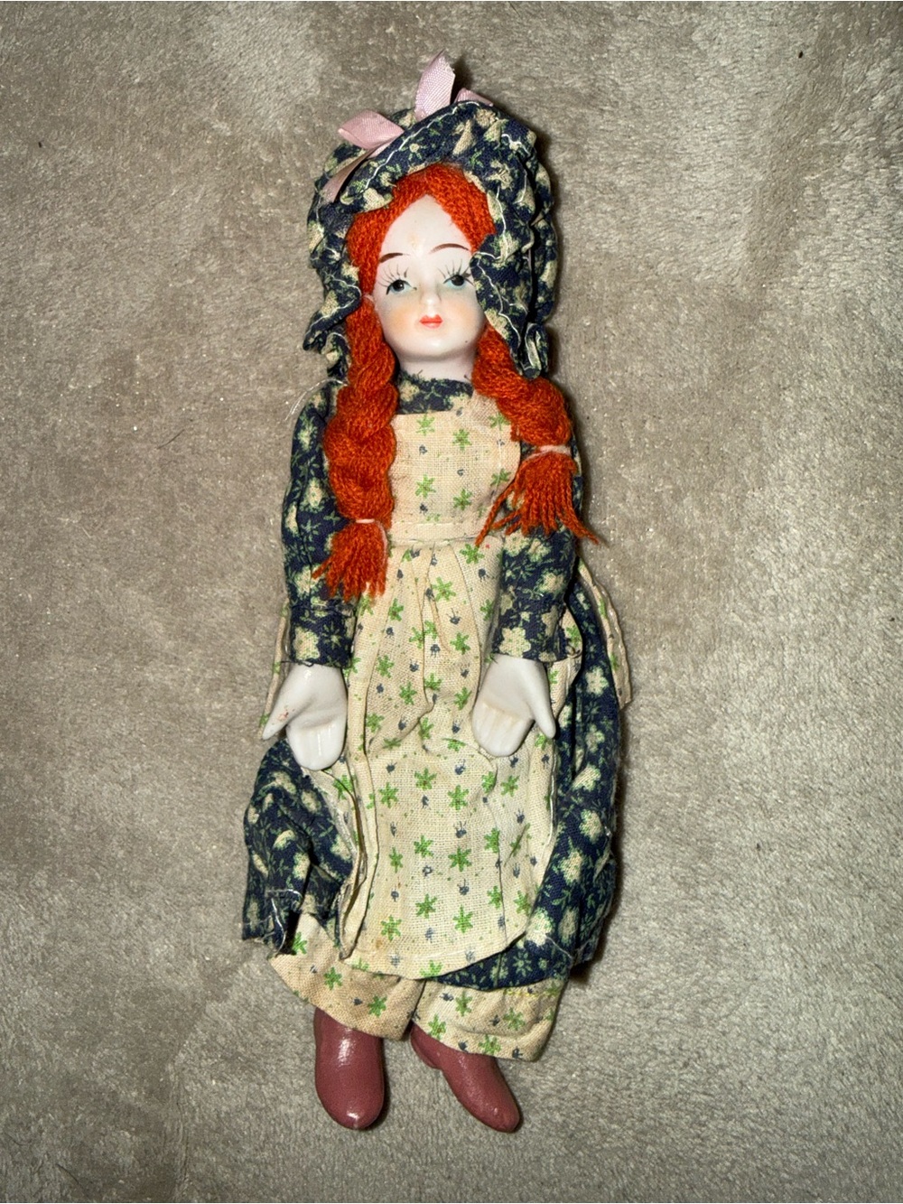 Vintage 9" Doll with Porcelain Face, Hands and Boots with Red Yarn Hair